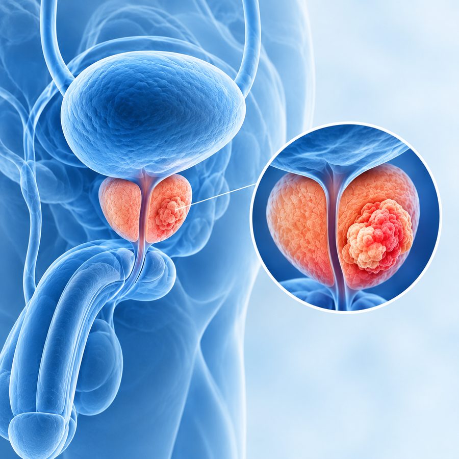 Illustrazione della prostata con ingrandimento di una lesione tumorale